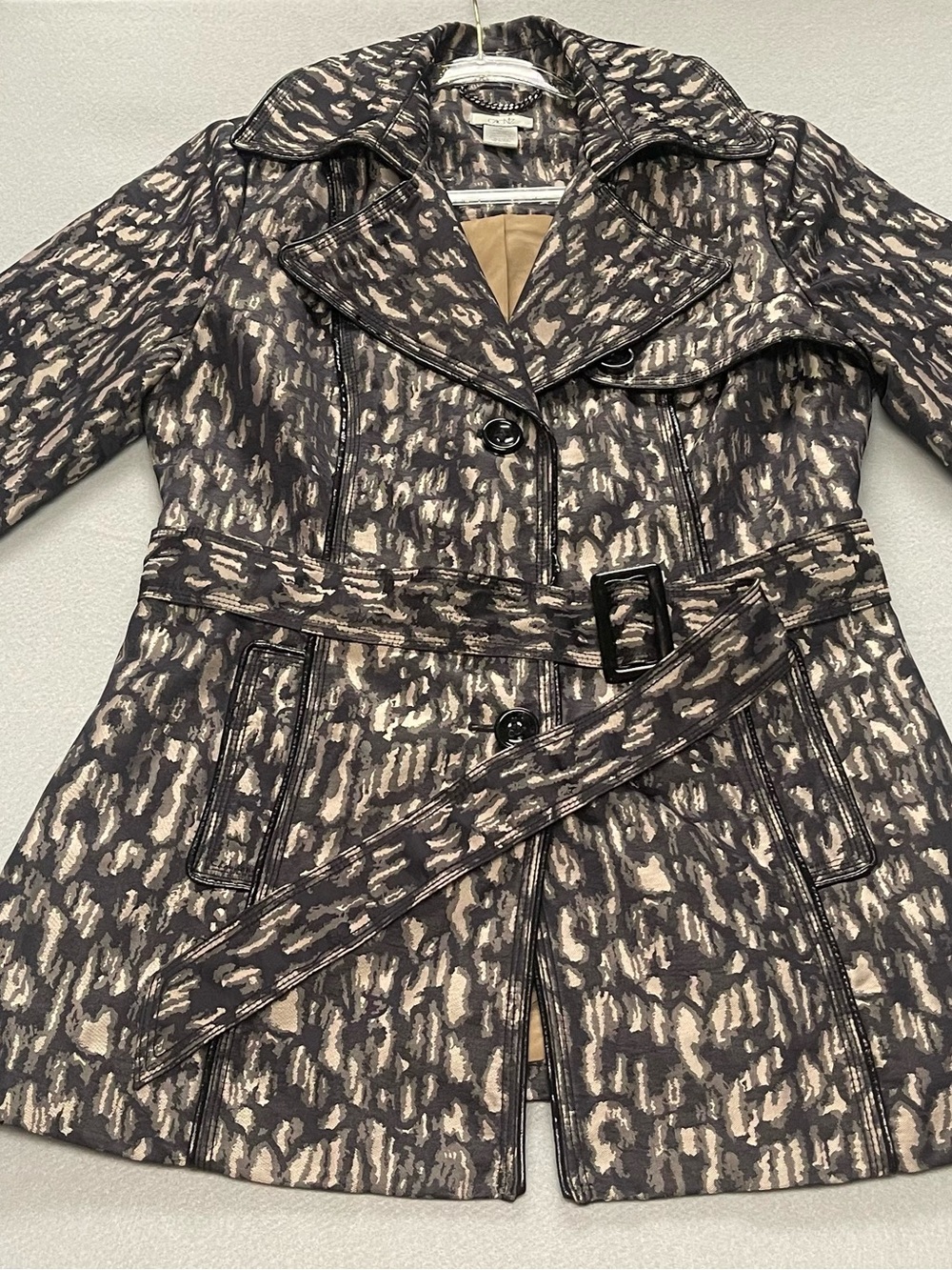 Cache Womens Black & Beige Patterned Trench Coat